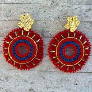 Handmade Colombian red and blue Beaded Statement Earrings - Light Weight!